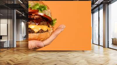 Close up big cheeseburger barbeque sandwich with marble beef on yellow  Wall mural