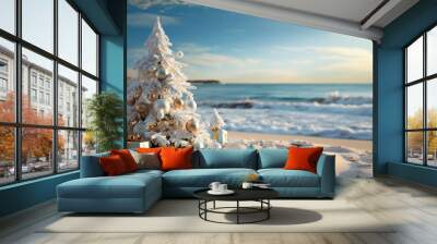 Decorated with silver balls and snow Christmas tree on the beach on background of sea view with waves and sand Wall mural