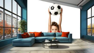 Fan sport boy player hold soccer ball celebrating happy smiling laughing free text copy space Wall mural