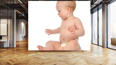 Infant child baby girl in diaper crawling happy smiling looking Wall mural