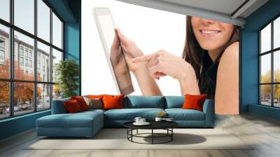 woman typing on her new electronic tablet touch pad Wall mural