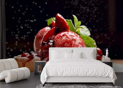 Yogurt dessert with berries strawberry and cherry on bakes toast Wall mural