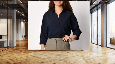 young beautiful woman posing in new casual office cloth black shirt happy smiling on a white Wall mural