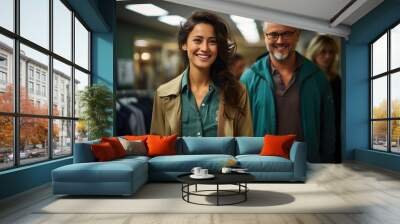 Young woman and man in casual wear stands together smiling over office background Wall mural