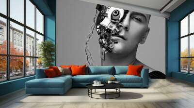 Monochrome studio photo of man cyborg, half face computer elements and with professional make-up, white Iroquois on head. Future technology concept Wall mural