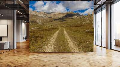 Mountain landscape and a road leading up to two old dilapidated watchtowers Wall mural