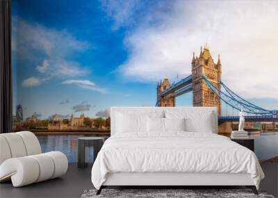 London cityscape panorama with River Thames Tower Bridge and Tower of London in the morning light Wall mural