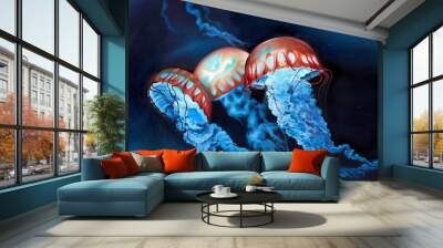 Original oil painting on canvas of three jellyfish under water Wall mural