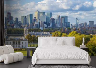 ondon, England, Panoramic Skyline View Of Greenwich College and Canary Wharf At Golden Hour Sunset With Blue Sky And Clouds Wall mural