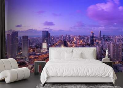 Tel Aviv Skyline At Sunset,  Tel Aviv Cityscape Panorama, Israel Wall mural