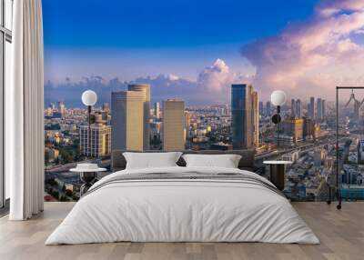 Tel Aviv Skyline At Sunset,  Tel Aviv Cityscape Panorama, Israel Wall mural