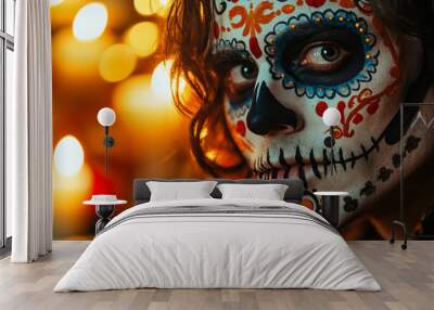 Portrait of man with sugar skull makeup in festive setting with colorful lights. Artistic face paint for Dia de los Muertos. Perfect for poster, banner, and greeting card design. With copy space. Wall mural