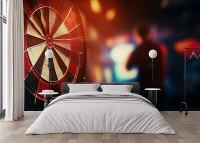 Precision and Focus: A Dartboard in Sharp Detail Against a Blurry Game Night Backdrop Wall mural