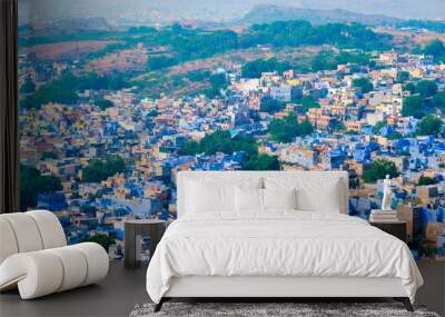 Aerial view of Jodhpur, also known as Blue City due to the vivid blue-painted Brahmin houses around Mehrangarh Fort. Jodphur, Rajasthan, India. Tilt shift miniature toy effect Wall mural