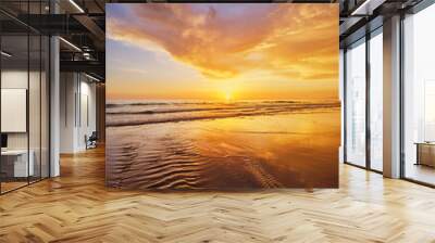 Atlantic ocean sunset with surging waves at Fonte da Telha beach, Costa da Caparica, Portugal Wall mural