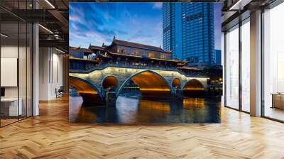 Famous landmark of Chengdu - Anshun bridge over Jin River illuminated at night, Chengdue, Sichuan , China Wall mural