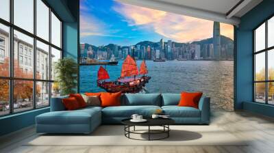 Junk boat in Hong Kong Victoria Harbour Wall mural