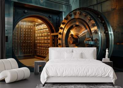 Open Bank Vault Door Revealing Safety Deposit Boxes in Depositary Wall mural