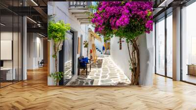 Picturesque narrow street with traditional whitewashed houses with blooming bougainvillea flowers of Naousa town in famous tourist attraction Paros island, Greece Wall mural