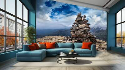 Stone cairn in Himalayas mountains. Himachal Pradesh, India Wall mural