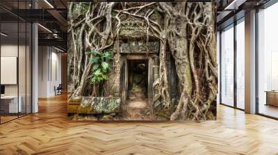 Travel Cambodia concept background - ancient stone door and tree roots, Ta Prohm temple ruins, Angkor, Cambodia Wall mural