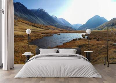 Banner beautiful lake on a clear autumn day against the background of mountains, Altai, Sofia glacier. Wall mural