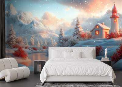 Snowy Landscape with Cozy Cabin and Tower, Snow-Covered Trees and Mountain Background, Red Bushes Accentuate Calm, Dreamlike Winter Scene, Soft Colors Wall mural