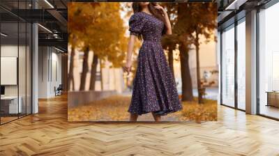 Elegant caucasian brunette woman with long wavy hair in midi purple dress with floral print walking at tree alley with colorful foliage Wall mural