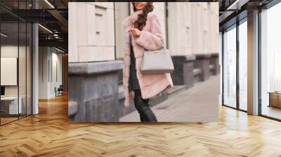 Elegant rich woman in pink fur coat and gray beret walking city street. Outdoor life style portrait of fashionable lady Wall mural