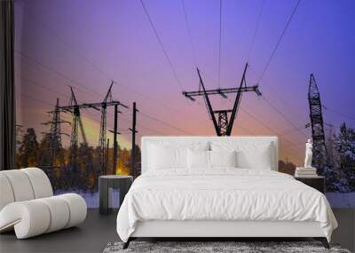 power transmission line poles in the winter evening Wall mural