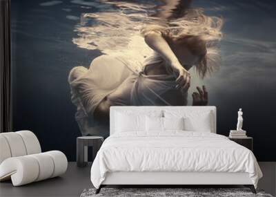 Woman in a beautiful dress swims underwater Wall mural