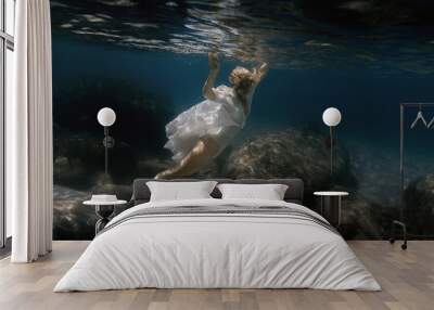 Woman in white swims underwater in the sea Wall mural