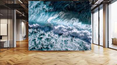 Aerial view to waves in ocean Splashing Waves. Blue clean wavy sea water. Wall mural