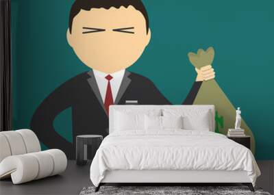 flat cartoon character businessman in a suit which holds a bag of dollars , money bag Wall mural