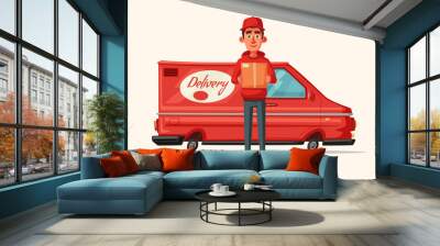 Delivery service by van. Car for parcel delivery. Cartoon vector illustration Wall mural