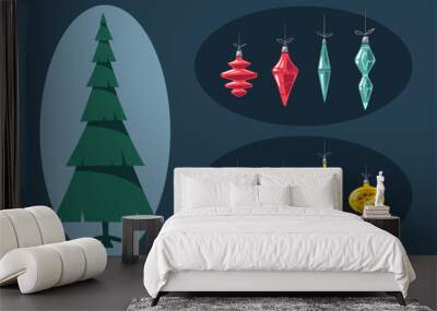 Merry Christmas. Tree with decorations. Cartoon vector illustration Wall mural