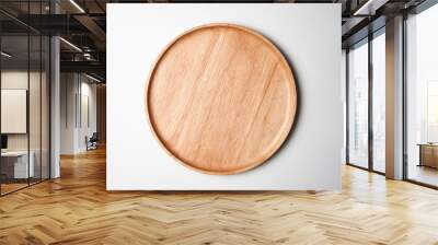 Top view of round and wooden plate on white background Wall mural