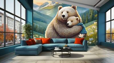 A female bear hugging her own child in nature Wall mural