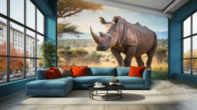 A giant rhino in natural environment, nature, beautiful scenary Wall mural