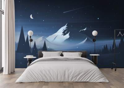 Night mountain winter landscape. Vector illustration Wall mural