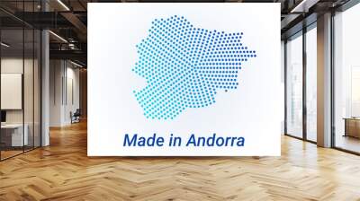 Map icon of Andorra. Vector logo illustration with text Made in Andorra. Blue halftone dots background. Round pixels. Modern digital graphic design. Wall mural