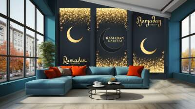 Ramadan Kareem celebrate flyers set with hand lettering, gold crescent moon symbol and golden glittering sparks. Luxury Ramadan Holy Month backgrounds. Vector illustration. Wall mural