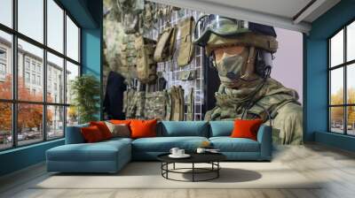 Mannequin in army helmet and camouflage gear. Weaponry Wall mural