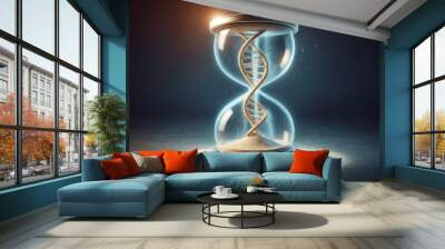 Image of a 3D rendering of an hourglass, inside which, instead of sand, is a DNA double helix structure glowing with blue light Wall mural