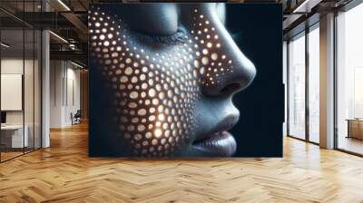 Photo of a woman with strange skin texture in the form of holes in her face and neck, the image shows a unique combination of human features, phobias and abstract art Wall mural