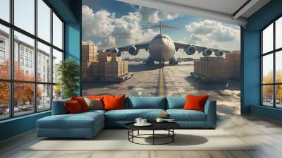 A cargo plane at the airport docks loads or unloads cargo. Neural network AI generated art Wall mural