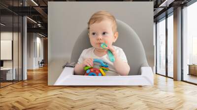 A Portrait Of Happy Young Baby boy In High Chair eat vegetables. Happy infant baby boy spoon eats itself. Beautiful baby eating mashed. A Little baby eating her dinner and making a mess Wall mural