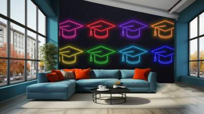 A set of neon 3D icons with academic hats in colors: green, blue, orange, red, yellow, pink and purple on a black background. Logos on the topic of education. Wall mural