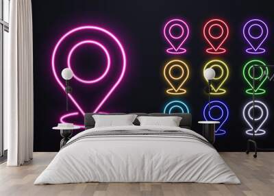 A set of neon card pin code icons. Marking the GPS navigator geotag on the map. Wall mural