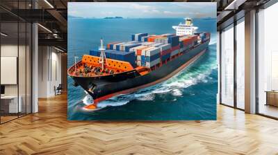 A ship for transporting cargo containers and also unloading it at the docks of a cargo port. AI Generated Wall mural